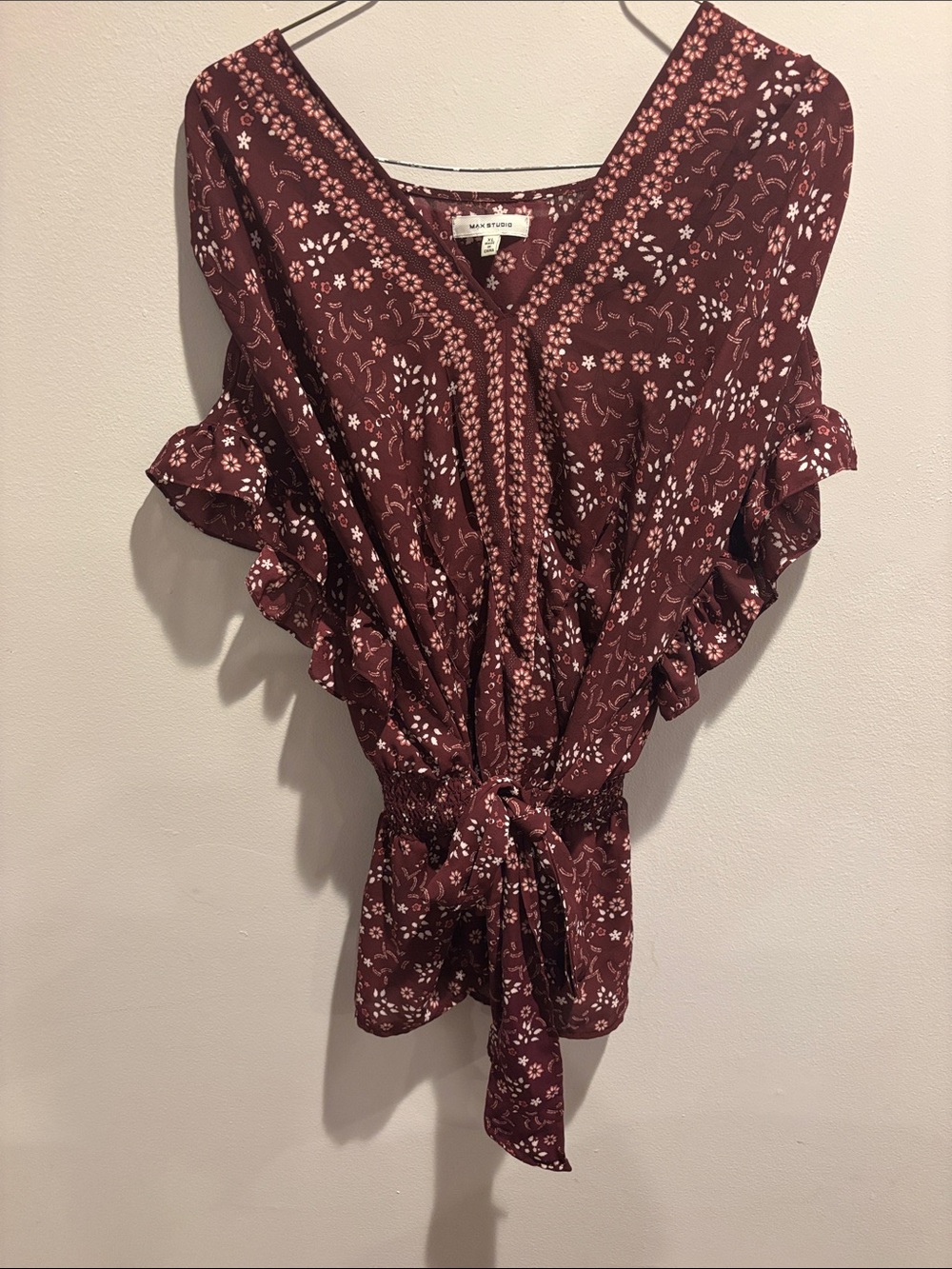 Madewell Maroon Floral V-Neck Tie-Front Tunic